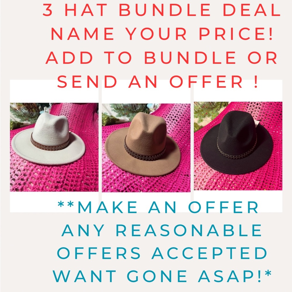 3 Hats for $30 🤠(includes: 1 Black, 1 Brown & 1 cream/white) studded band 🤠